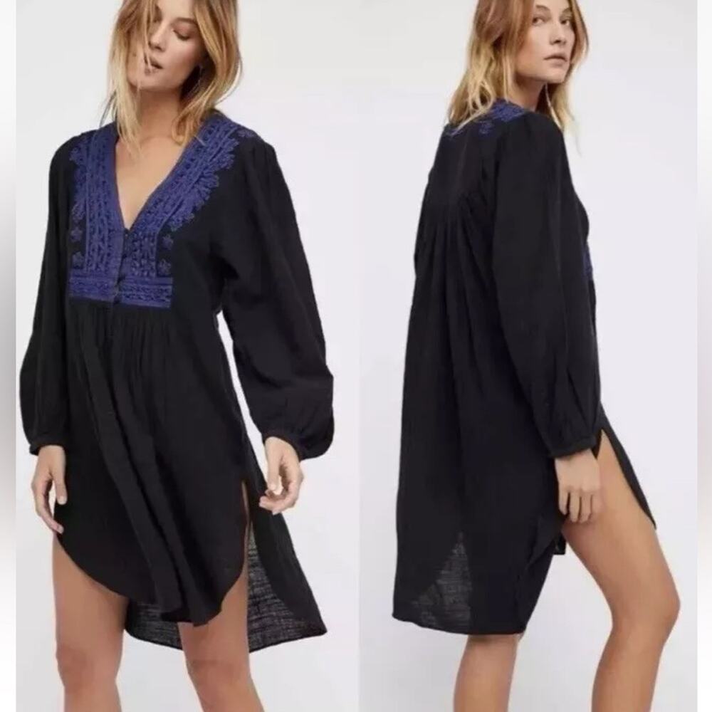 Free People Black Blue Tunic Babydoll Boho Dress 100% Cotton Gauze XS